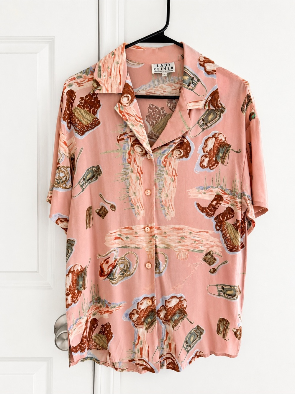 Pink Vintage-Print Short Sleeve Button Down Shirt